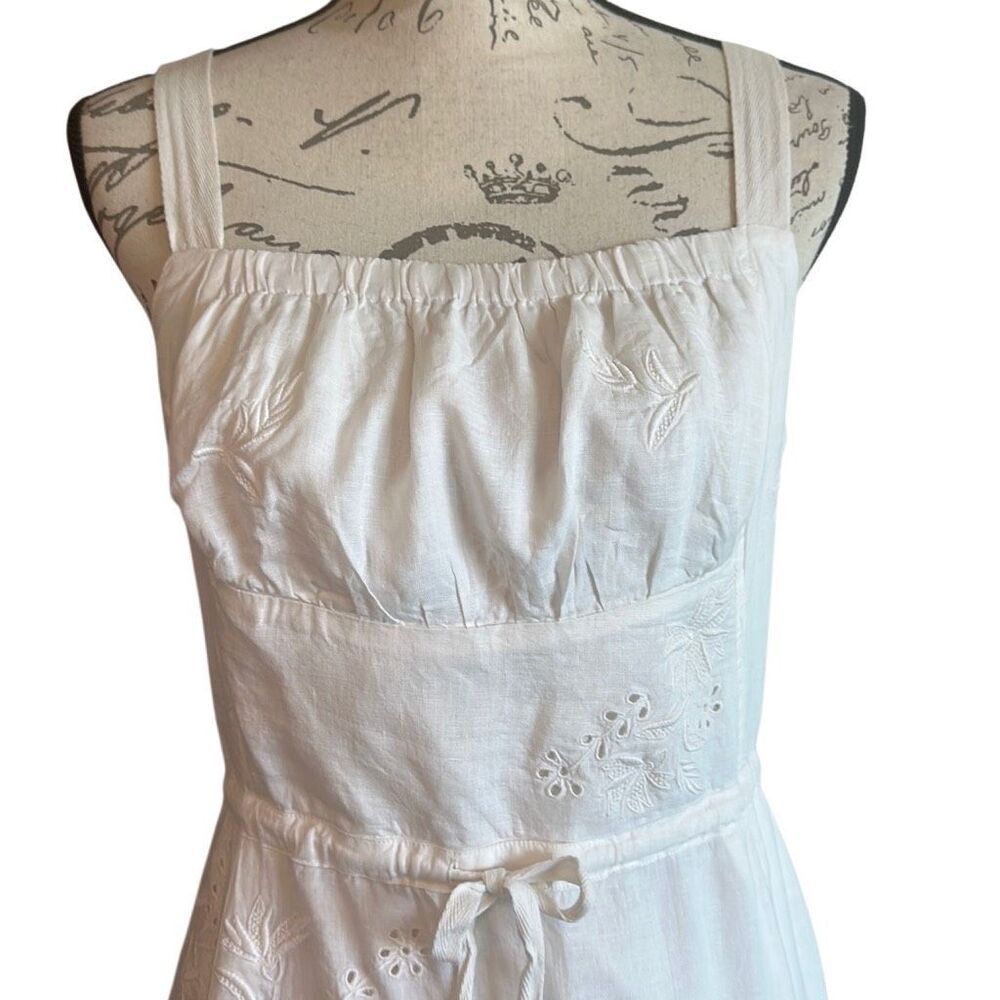 Anthropologie Flax Linen Ilet Embroidered Maxi Boho Square Neck White Dress M - Picture 10 of 16